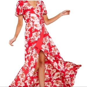Aura Floral Tropical Floral Wrap Maxi Dress Red M